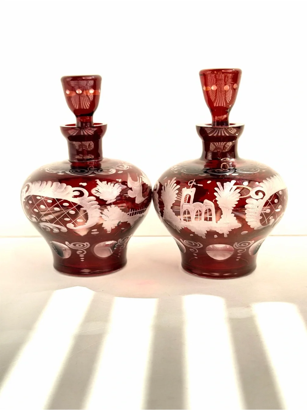 Egermann Ruby Cut To Clear Bohemian CZECH ART GLASS Bottles w/ Stoppers Set of 2
